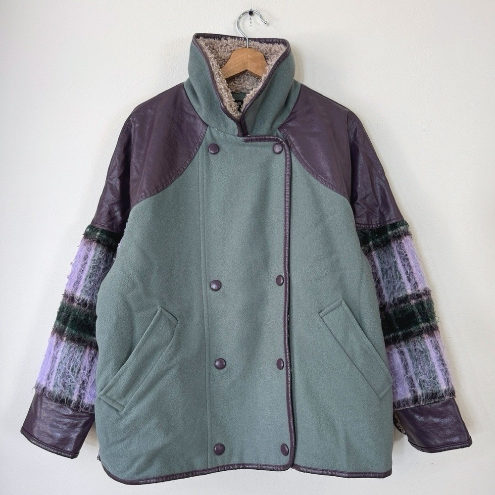 Women's Oof Wear Plaid Sherpa The Shapes Lab Button Up Green Purple Jacket Coat - Picture 1 of 7